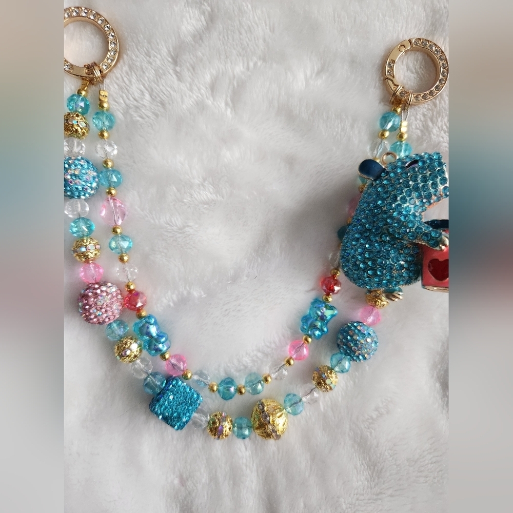 Colorful Capybara Beaded Bag Charm with Blue and Gold Accents - Picture 5 of 7